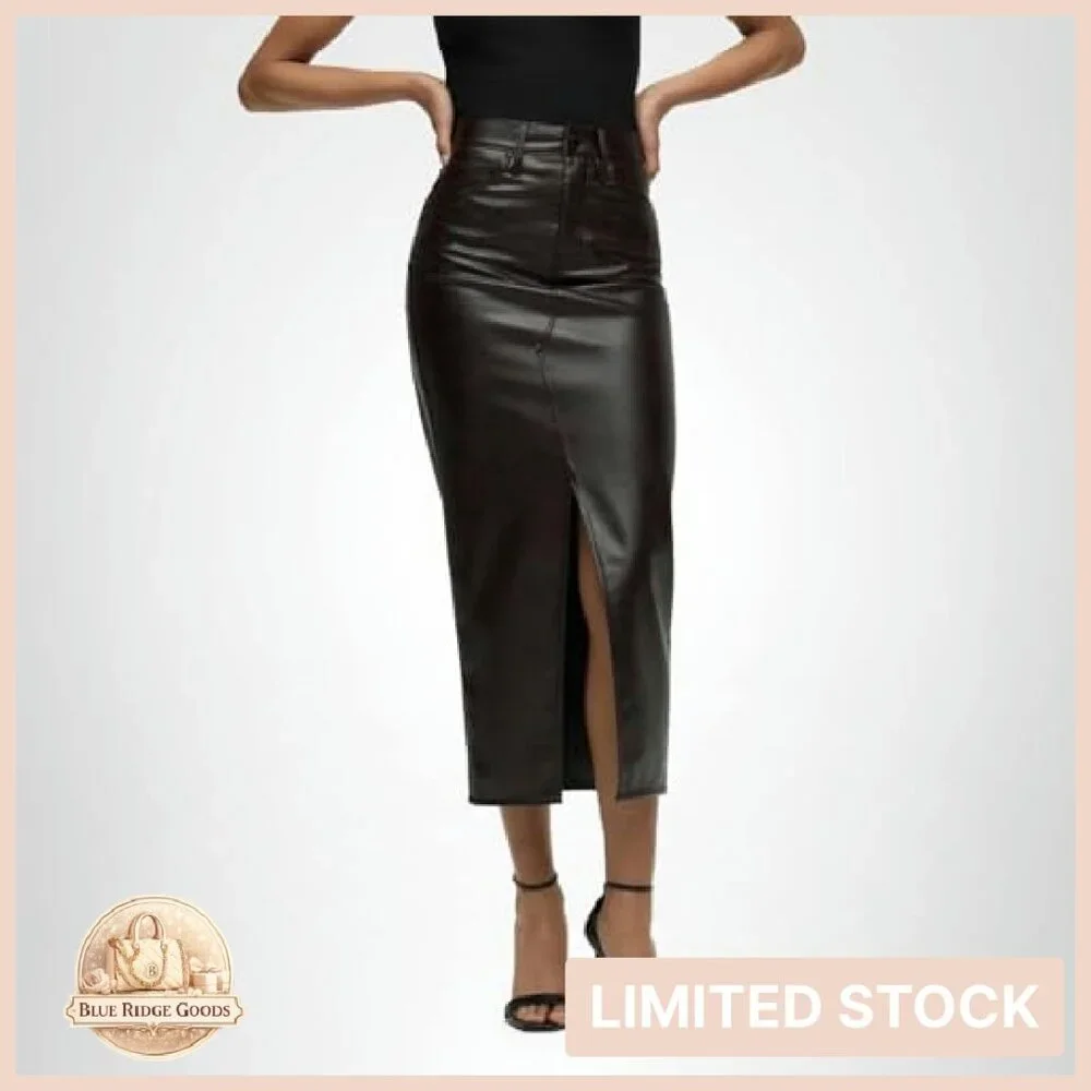 Reconstructed Midi Skirt High Rise Vegan Leather Chic Minimal Elegant